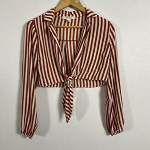 Forever 21 Contemporary Rust Orange Striped Tie Front Crop Top Blouse Small